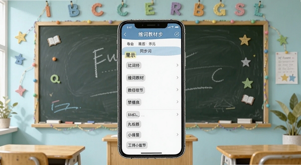 维词教材同步词汇界面,画面主体为手机屏幕上的单元词汇列表,背景为教室黑板,有英语字母装饰元素,明亮清新的视觉风格