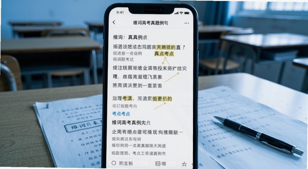 维词高考真题例句界面,画面主体为手机屏幕显示真题例句和考点标注,背景为考场桌椅,有试卷和笔,冷色调,突出考试氛围