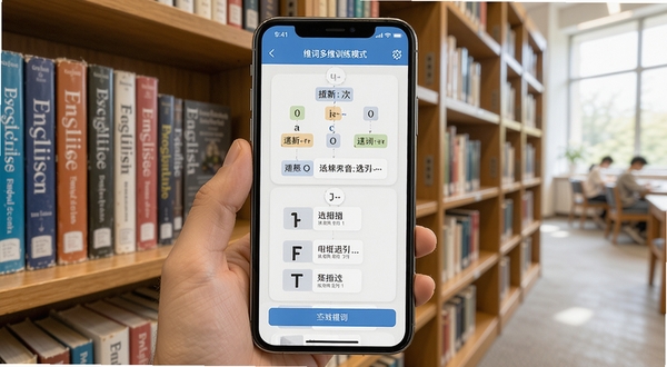 维词多维训练模式界面,画面主体为手机屏幕上的拼写测试和听音选词界面,背景为图书馆书架,有英语书籍,明亮安静的学习氛围