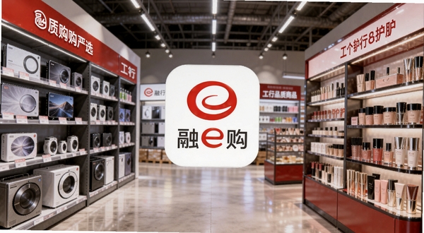 融e购品质商品严选场景,画面左侧展示数码家电专区货架,右侧为美妆个护陈列区,中央悬浮工行融e购品牌标识,整体色调以工行红与白色为主,光线明亮柔和,背景为现代化仓储式陈列环境,体现正品保障与丰富品类,适配Boogu模型生成