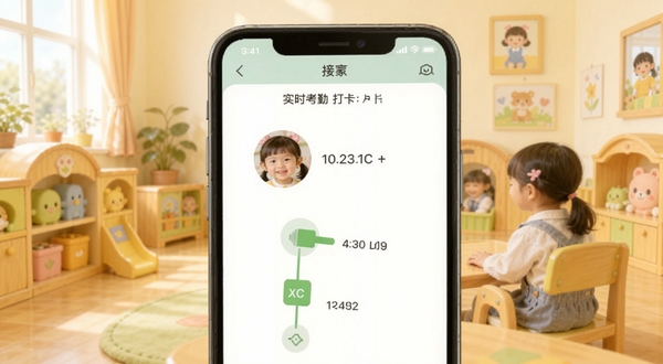 孩子通软件主界面展示实时考勤打卡与接送记录功能,手机屏幕中显示孩子头像和刷卡时间线,背景为温馨的幼儿园场景,明亮柔和的色彩风格