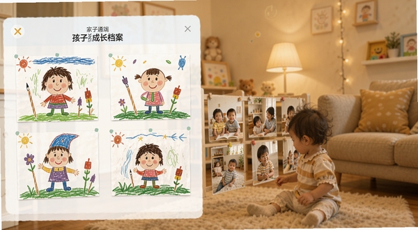 孩子通APP成长档案页面,展示孩子绘画作品和活动照片墙,家长端界面简洁清新,背景为暖色调家庭环境,突出记录成长的温馨感