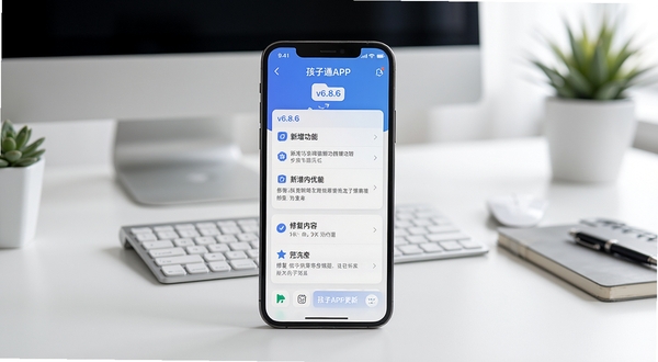 孩子通APP更新日志界面展示版本迭代记录,手机屏幕中显示v6.8.6新增功能和修复内容列表,背景为简洁的办公桌面,突出软件持续优化的专业感