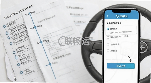联畅运运单管理页面示意图,手机界面展示运单时间轴与凭证上传入口,画面带