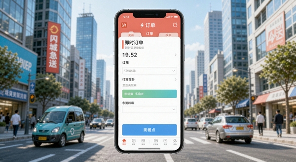 闪送App首页界面展示同城急送服务场景,画面中央为手机屏幕内显示订单填写页面,背景为城市楼宇与街道,整体色调明亮清新,突出即时配送的便捷感