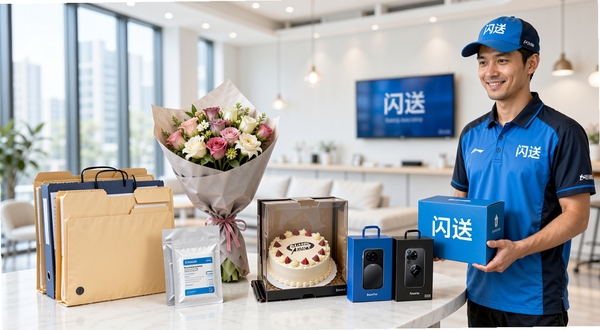 闪送多场景配送物品展示,画面中整齐摆放着文件袋、鲜花束、蛋糕盒、药品袋与数码产品包装盒,闪送员站在一旁准备取件,背景为明亮的室内环境,突出物品多样性与服务覆盖面