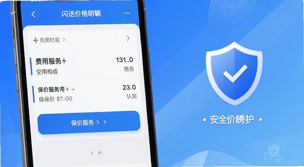 闪送价格明细与安全保障界面,手机屏幕显示费用构成列表与保价服务选项,旁边有盾牌图标象征安全防护,背景为简洁的蓝色渐变,传递信任与透明感
