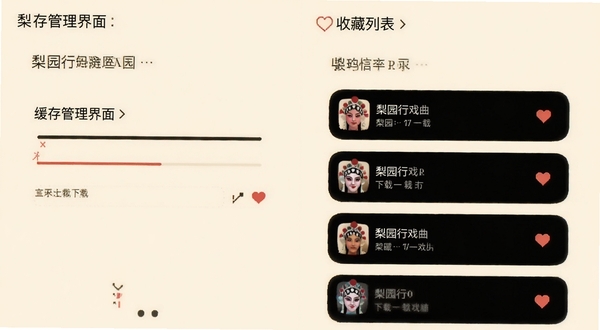 梨园行戏曲 缓存管理界面与收藏列表 界面简洁 有下载进度条和心形收藏图标 背景为浅米色