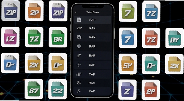zip万能解压缩格式支持界面,图标环绕展示ZIP、RAR、7Z等格式,背景为深色科技感网格,手机屏幕显示格式列表