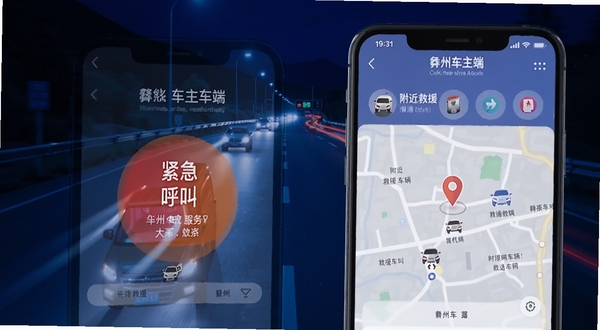 彝州车主端道路救援功能界面,手机屏幕显示救援呼叫按钮与附近救援车辆地图,背景为夜间道路场景,色调偏深蓝,突出紧急服务按钮与定位图标