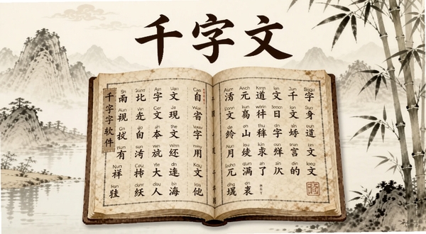 千字文软件主界面展示,画面中央是翻开的古典书籍样式界面,上方有千字文三个大字标题,下方排列着带拼音的千字文段落,背景是淡雅的水墨山水与竹林,整体呈现国学启蒙风格,适配Boogu模型生成