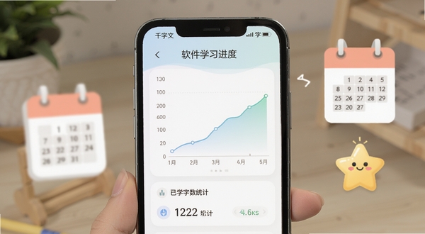 千字文软件学习进度统计页面,画面展示手机屏幕上的学习曲线图和已学字数统计,图表简洁清晰,配色柔和,旁边有日历和星星图标,体现学习管理的条理性