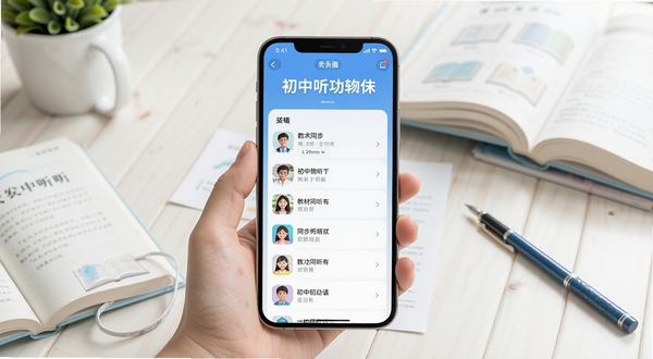 初中英语听力APP主界面全貌展示,画面中央是手机屏幕内呈现的软件首页,背景区域为整洁的书桌与课本,整体色调清新明亮,突出初中英语听力软件名称与教材同步听力列表