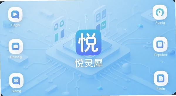 悦灵犀应用主界面全貌展示,画面正中央为悦灵犀软件图标与名称,背景区域为浅蓝色渐变科技风格,四周环绕简洁功能图标,整体呈现轻量实用工具氛围,适配手机屏幕比例,高清细节,扁平化设计