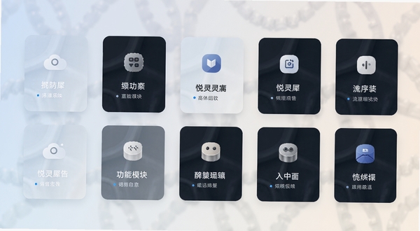 悦灵犀功能模块展示图,画面主体为悦灵犀应用内多个功能卡片整齐排列,背景为柔和的浅色渐变,突出功能聚合与简洁布局,高清细节,适合作为软件介绍配图