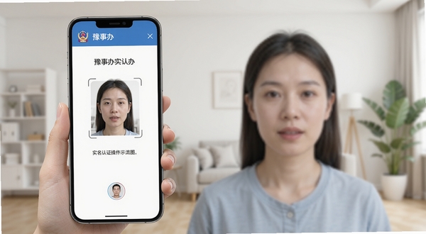 豫事办实名认证操作流程示意图,画面展示手机屏幕上豫事办人脸识别界面,用户正对镜头完成认证,界面有取景框和提示文字,背景为简洁的室内环境,突出安全便捷的认证体验