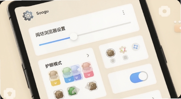 阅坊浏览器阅读设置面板特写图,展示字体调节滑块、背景颜色选择器与护眼模式开关,界面元素呈卡片式排列,背景为淡米色,带有阅坊浏览器的齿轮图标,风格清新柔和,适配Boogu模型生成。