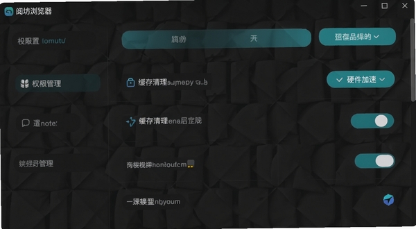 阅坊浏览器设置界面截图,展示权限管理、缓存清理、硬件加速开关等选项,界面为深色主题,带有蓝绿色高亮按钮,背景有微妙的网格纹理,整体干净利落,适配Boogu模型生成。