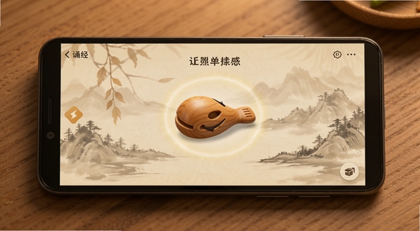 一部安卓手机放置在木质桌面上,屏幕显示木鱼诵经应用界面,界面中央有一个圆润的木质木鱼图标,周围环绕着淡淡的光晕,背景是半透明的山水墨色纹理,整体色调温暖柔和,画面风格宁静禅意,木鱼诵经应用界面清晰可见