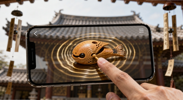 一只手指轻轻点击手机屏幕上的木鱼图案,屏幕泛起一圈圈金色涟漪,木鱼表面有细微的震动波纹,背景是虚化的寺庙屋檐与风铃,画面风格写实且带有禅意,木鱼诵经应用界面位于画面中心