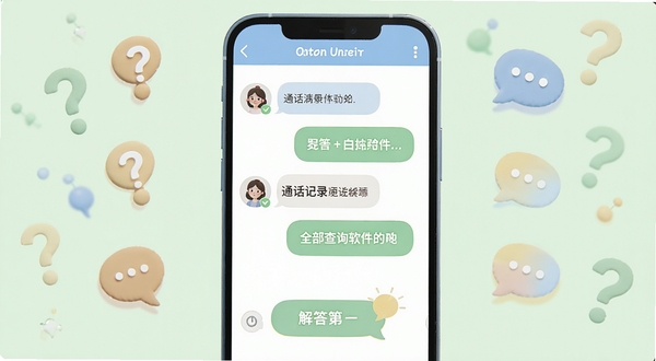 通话记录全部查询软件问答界面示意图,画面中央是手机屏幕,屏幕内以气泡对话形式展示用户提问和解答内容,背景为柔和的浅绿色,周围点缀问号和对话气泡图标,整体风格亲切易懂,突出用户互动场景