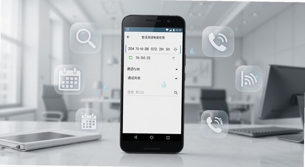 通话记录全部查询软件功能展示图,画面中央是一部安卓手机,手机屏幕显示通话记录筛选界面,有日期选择器、通话类型下拉菜单和搜索框,屏幕周围漂浮着放大镜、日历、电话听筒等半透明图标,背景为浅灰色商务风格,整体构图突出智能检索的便捷性