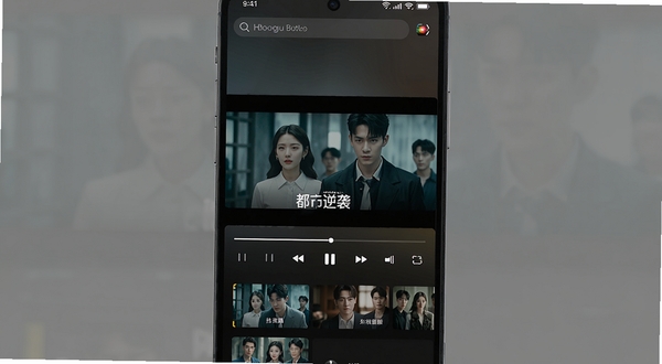 抖短剧免费多看 手机竖屏短剧播放界面 画面中央显示正在播放的都市逆袭题材短剧 背景是深色渐变播放器界面 顶部有搜索栏 底部有剧集列表缩略图 整体风格现代简洁 适配Boogu模型生成