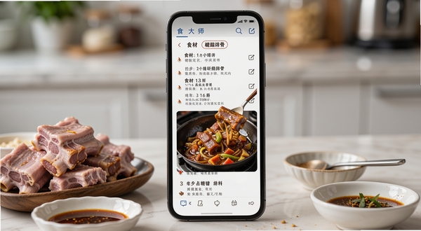 食谱大师软件内的图文教程页面特写,手机屏幕显示着糖醋排骨的详细步骤,有食材列表和翻炒动作的高清图片,画面旁边散落着新鲜的排骨和调料碗,背景虚化处理,突出手机屏幕内容
