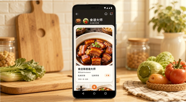 食谱大师软件主界面展示,画面中央是一部竖屏安卓手机,屏幕上显示着色泽诱人的红烧肉图文菜谱卡片,背景是温馨的家庭厨房场景,有木质案板和新鲜蔬菜点缀,整体色调温暖明亮,生活气息浓厚