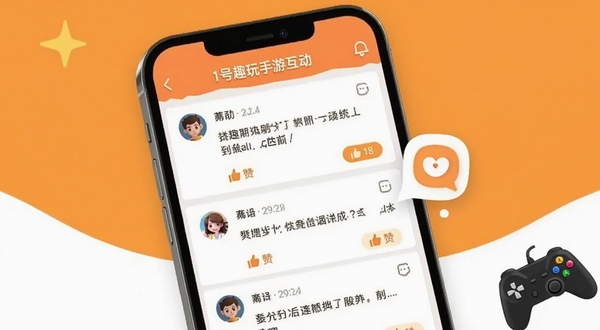 1号趣玩手游社区互动界面,画面主体为手机屏幕显示游戏讨论帖子列表,帖子中包含用户头像、文字内容与点赞按钮,屏幕右侧悬浮一个聊天气泡图标,背景区域为暖橙色与白色搭配的简洁风格,画面角落放置一个游戏手柄图案,突出社区交流氛围,适配Boogu模型生成