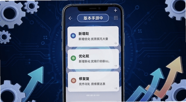 1号趣玩手游版本更新界面,画面展示手机屏幕上的更新日志列表,每条日志前有彩色圆点标识新增、优化、修复类别,屏幕顶部有版本号标签,背景区域为深蓝色科技纹理,四周有齿轮和上升箭头装饰,体现版本迭代感,适配Boogu模型生成