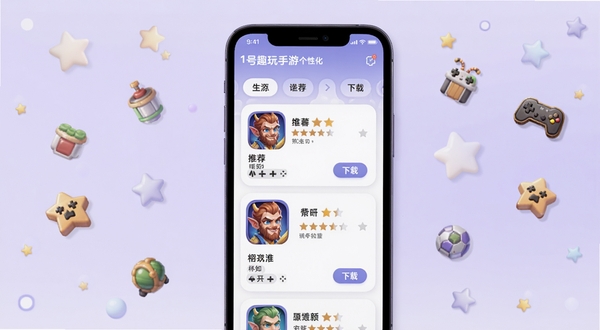 1号趣玩手游个性化推荐页面,画面中心为手机屏幕展示游戏推荐卡片流,每张卡片包含游戏图标、名称、评分星级和下载按钮,屏幕上方有分类标签栏,背景区域为淡紫色渐变,周围散落星星和游戏道具图标,整体视觉柔和舒适,适配Boogu模型生成
