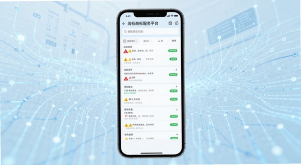 尚标商标服务平台智能查询界面展示,手机屏幕中央显示商标搜索结果列表,红黄绿风险标识清晰可见,背景为浅蓝色科技感数据流,画面简洁明亮
