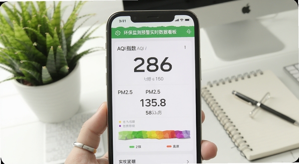 环保监测预警实时数据看板界面,手机屏幕特写占据画面主体,显示AQI指数286、PM2.5浓度数值及彩色分级标识,背景区域为办公桌面场景,有绿植和笔记本作为点缀,画面明亮清晰,适配Boogu模型生成