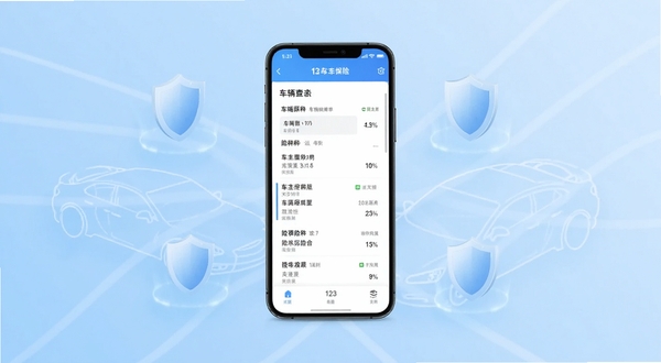 123车主保险查软件主界面展示,画面中央是一部智能手机,屏幕显示车辆保单列表与险种明细,背景为浅蓝色渐变,周围点缀汽车轮廓线条与盾牌图标,整体风格简洁科技感,适配Boogu模型生成