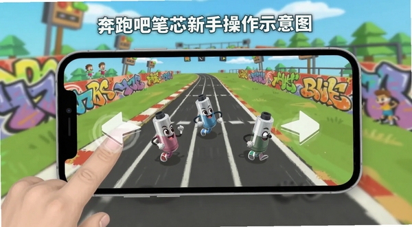 奔跑吧笔芯新手操作示意图,画面展示一只手指在手机屏幕上左右滑动的动作,屏幕中笔芯角色正在变换跑道,旁边有箭头指示滑动方向,背景是游戏内的涂鸦赛道场景,整体风格简洁直观,适合作为操作教程配图,画面主体位于中央,背景区域为游戏赛道,适配Boogu模型生成