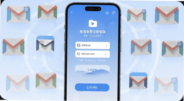 手机屏幕中央展示邮箱免费注册登陆应用主界面,界面简洁清晰,背景为淡蓝色渐变,周围环绕多个邮箱图标与注册登录按钮元素,整体风格现代科技感,适配Boogu模型生成