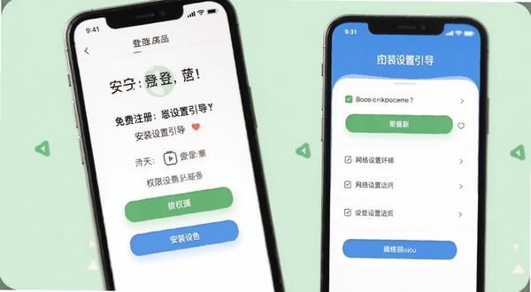 邮箱免费注册登陆安装设置引导界面,手机屏幕展示权限开启步骤与网络设置选项,背景为柔和浅绿色,突出安全提示文字,适配Boogu模型生成
