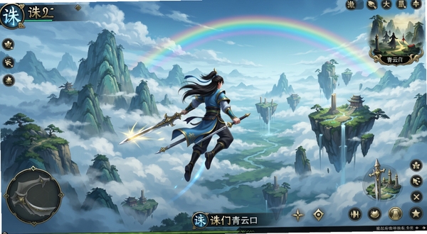 诛仙手游主界面全景展示,画面中央为青云门弟子御剑飞行于云海之上,背景区域为连绵的青云山脉与悬浮仙岛,远处有彩虹横跨天际,整体色调以青蓝与金色为主,国风仙侠画风,细节丰富,适配Boogu模型生成