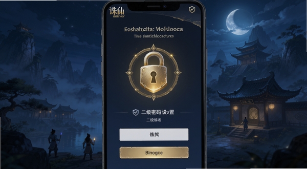 诛仙手游账号安全设置界面,画面展示手机屏幕中账号绑定与二级密码设置页面,背景区域为青云门夜景,画面中央有安全锁图标高亮,整体色调以深蓝与金色为主,风格简洁安全,适配Boogu模型生成
