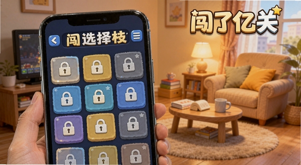 闯了亿关关卡选择界面,画面主体为手机屏幕中排列整齐的关卡方块,部分方块带有锁定图标,背景区域展示温馨的室内休闲场景,突出游戏名称闯了亿关