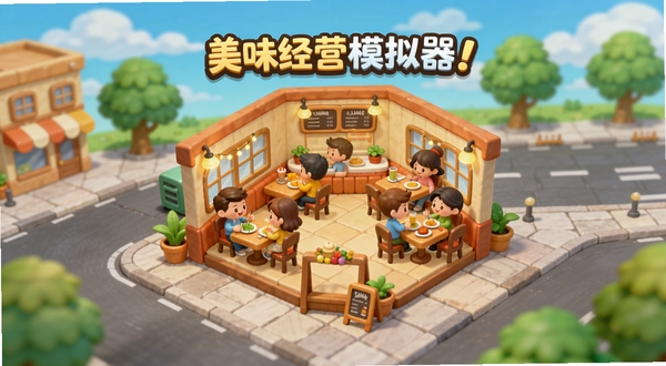 一款名为美味经营模拟器的手机游戏主界面,画面中央展示一家温馨的卡通风格餐厅,餐厅内摆放着整齐的餐桌和正在用餐的顾客,背景区域是蓝天白云和绿树成荫的街道,画面主体坐标位于正中央,背景占据画面四周区域,整体色调明亮温暖,适配Boogu模型生成