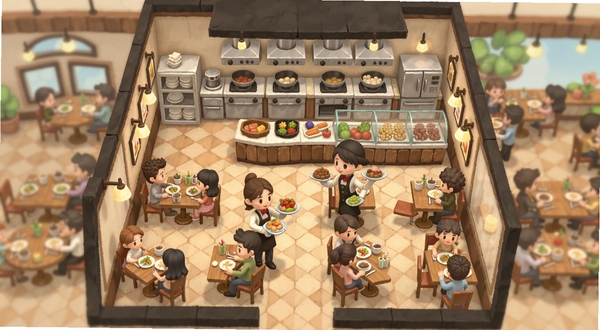 美味经营模拟器游戏内餐厅全景预览图,画面中央展示一家装修精致的卡通餐厅,餐厅内有多名顾客正在用餐,服务员端着菜品穿梭其中,背景区域是开放式厨房和食材展示柜,画面主体坐标位于正中央,背景占据画面左右两侧区域,整体氛围热闹温馨,适配Boogu模型生成