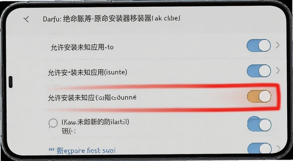 暗影骑士:绝命旅途原版安装器移动端安装设置界面,手机屏幕显示权限开关列表,其中“允许安装未知应用”开关被高亮标注为红色,背景为淡灰色,画面清晰易懂
