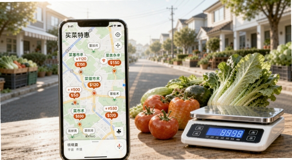 买菜特惠多多周边特价聚合功能展示,画面中手机屏幕显示地图上多个菜市场标记和价格气泡,旁边有新鲜蔬菜和电子秤,背景是清晨的社区街道,风格写实明亮