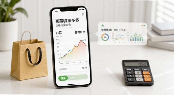 买菜特惠多多价格走势查询功能界面,手机屏幕显示白菜和猪肉的价格曲线图,旁边有购物袋和计算器,背景是简洁的桌面环境,突出数据分析感