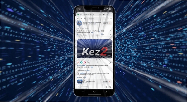 Kez2浏览器极速加载场景,画面主体为手机屏幕内网页内容瞬间铺满,速度线从屏幕中心向外辐射,背景为深蓝色数据流与光点,突出快节奏浏览体验,画面中出现Kez2浏览器标识