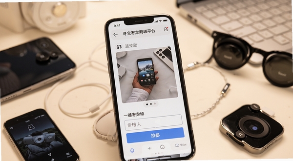 寻宝寄卖商城平台一键寄卖发布功能界面,画面主体为手机屏幕特写,屏幕中显示商品照片上传区域与价格输入框,背景区域为暖白色桌面环境,旁边散落几件待寄卖的数码小物件,光线柔和,细节清晰