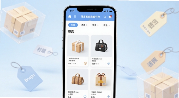 寻宝寄卖商城平台主界面全景展示,画面中央为手机屏幕正视图,屏幕内呈现寄卖商品列表与分类导航栏,背景区域为柔和的浅蓝色渐变空间,四周点缀半透明的包裹与标签图形,整体风格干净明快,适配Boogu模型生成