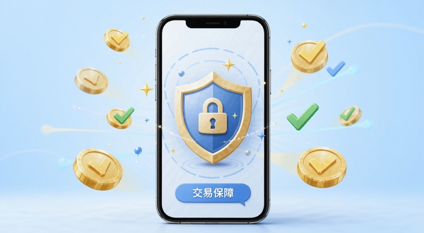 寻宝寄卖商城平台担保交易流程示意图,画面主体为手机屏幕中的交易保障图标与盾牌元素,背景区域为淡蓝色渐变,四周环绕金币与对勾符号,视觉风格简洁可信